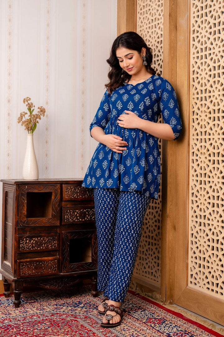 Indigo Rayon Floral Printed Maternity Co-Ord Set