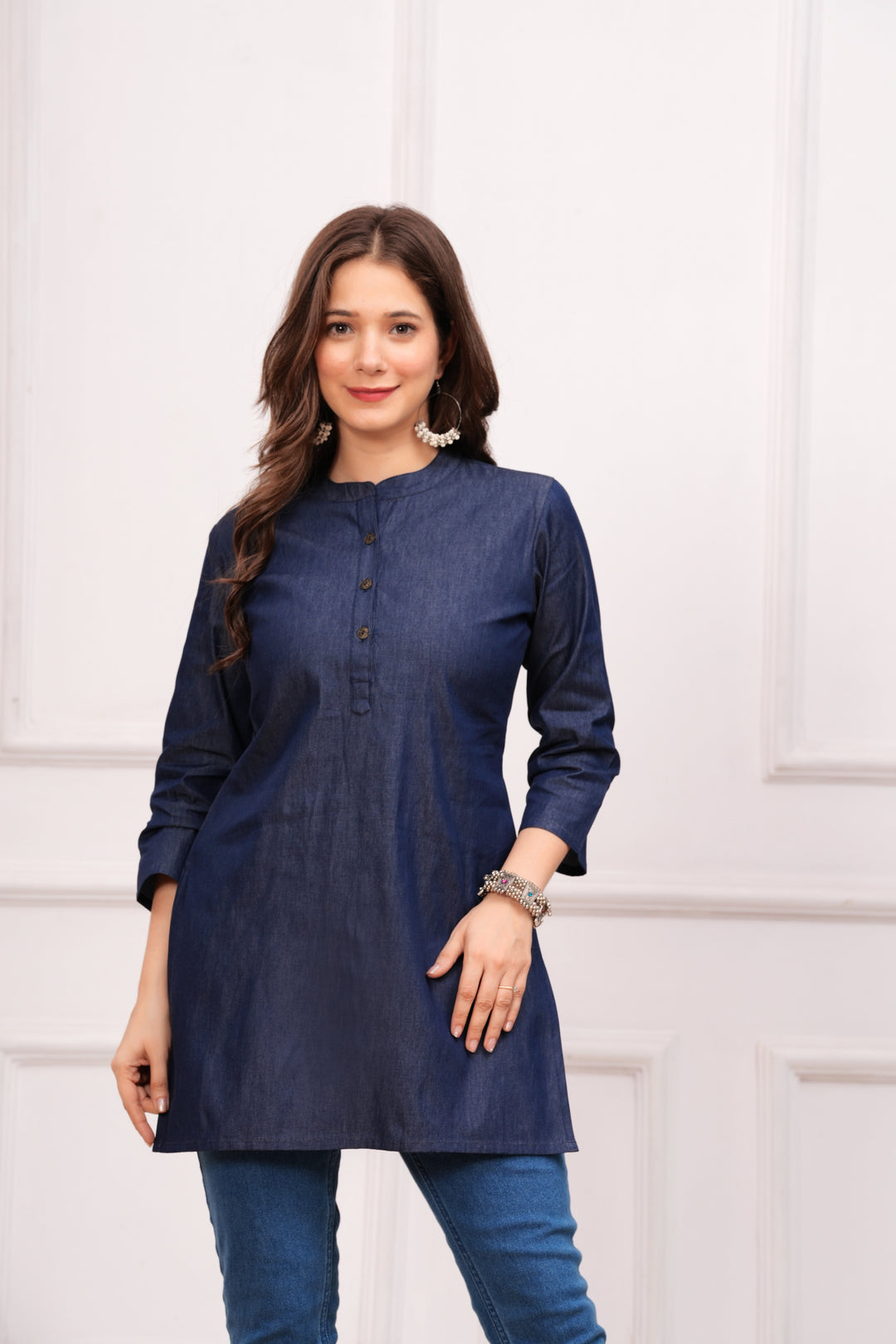 Blue Cotton Blend Denim Kurti Tunic