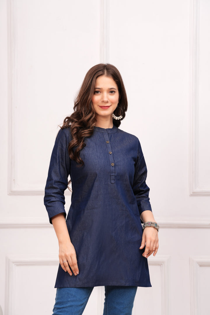 Blue Cotton Blend Denim Kurti Tunic