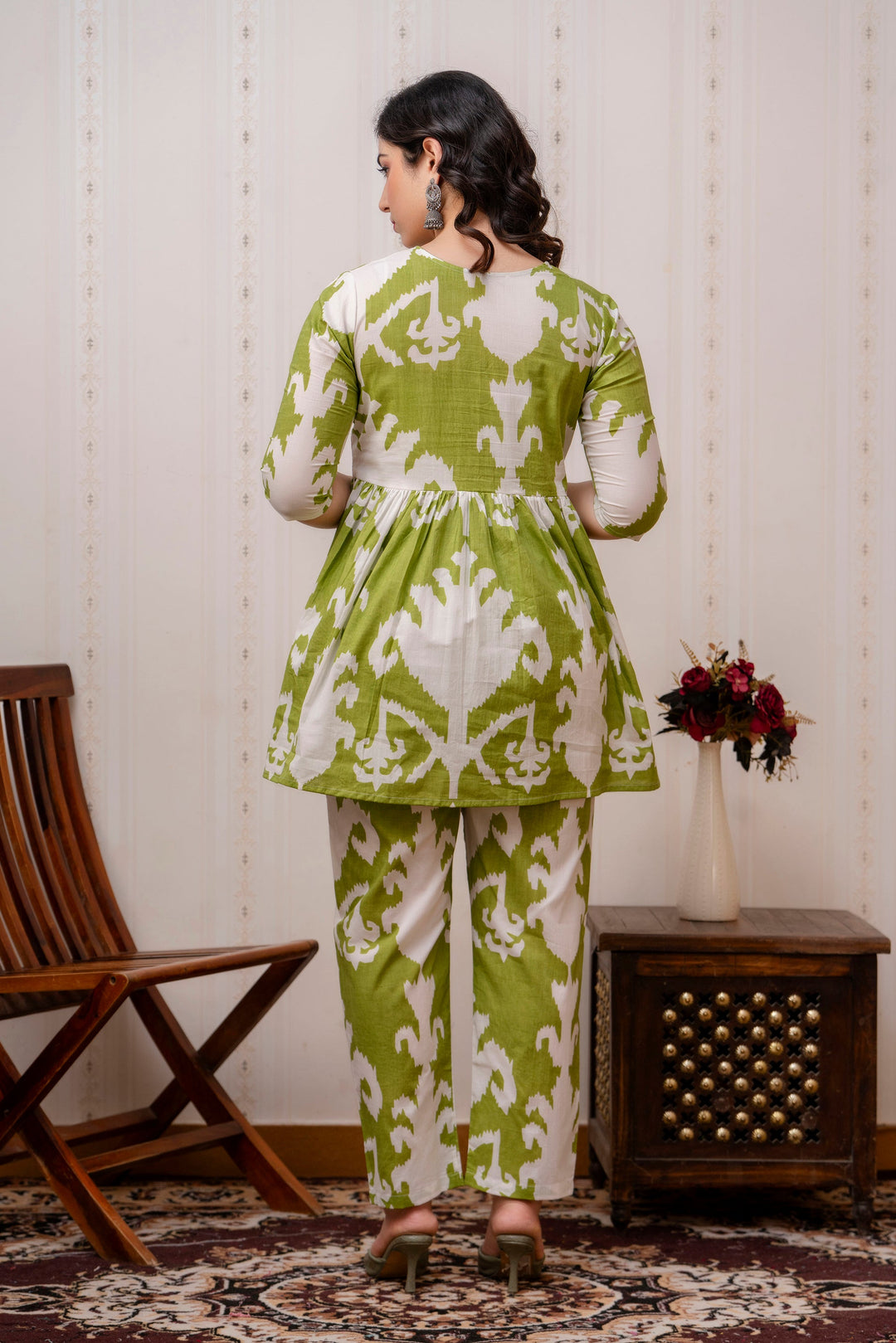 Green & White Cotton Ikat Print Peplum Co-Ord Set