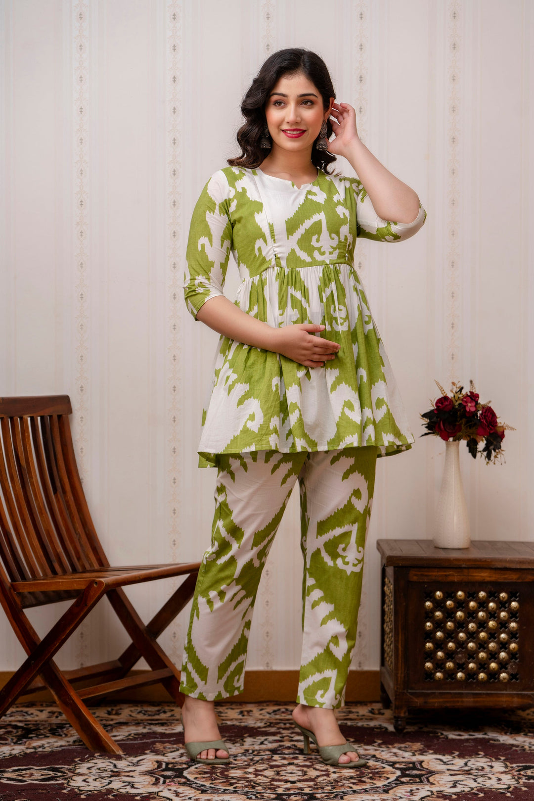 Green & White Cotton Ikat Print Peplum Co-Ord Set