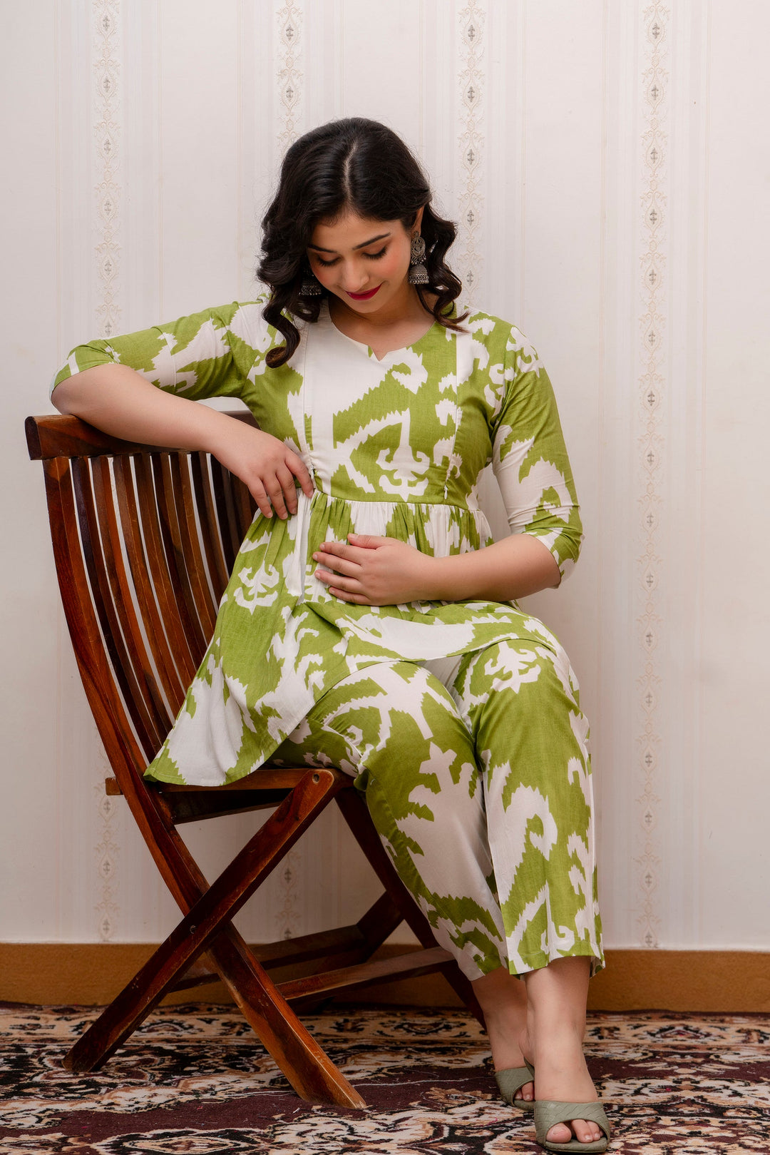 Green & White Cotton Ikat Print Peplum Co-Ord Set