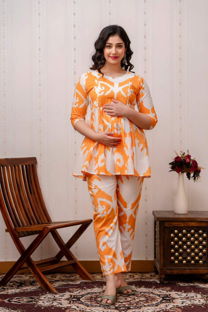 Orange & White Cotton Ikat Print Peplum Co-Ord Set
