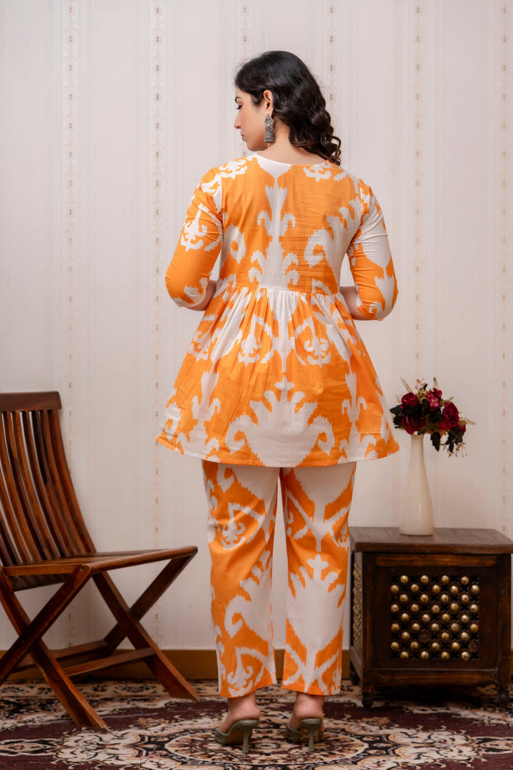 Orange & White Cotton Ikat Print Peplum Co-Ord Set