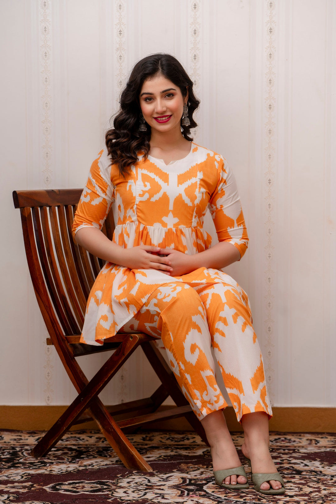 Orange & White Cotton Ikat Print Peplum Co-Ord Set