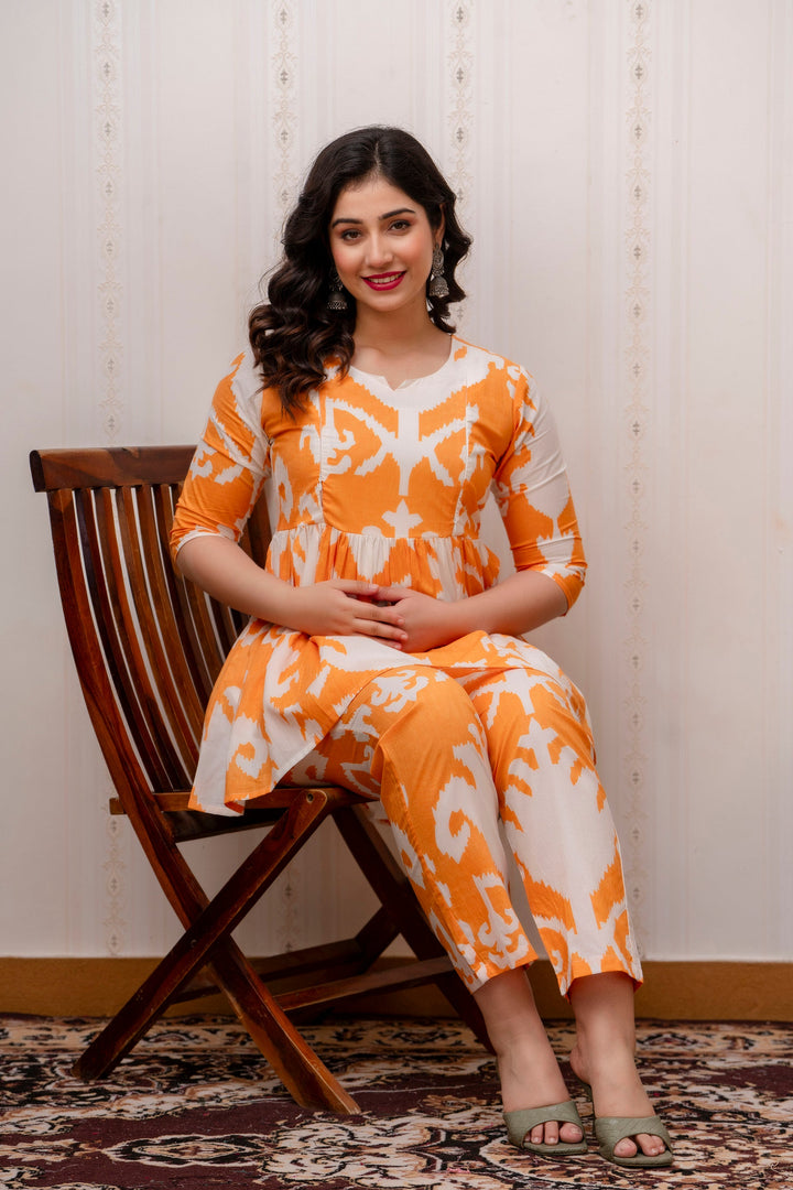 Orange & White Cotton Ikat Print Peplum Co-Ord Set