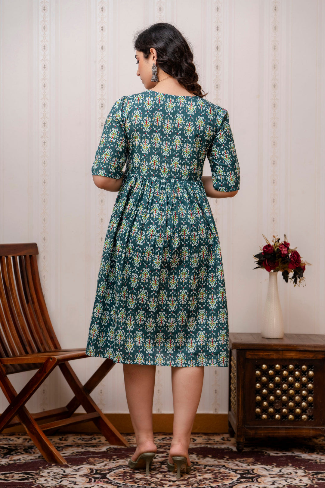 Green Cotton Ethnic Motif Print Maternity Dress