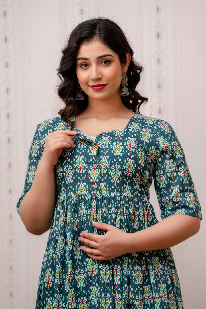 Green Cotton Ethnic Motif Print Maternity Dress