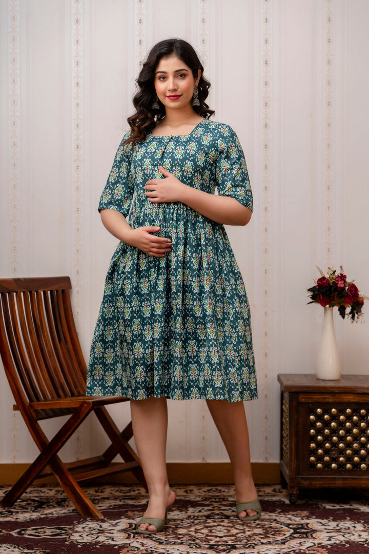 Green Cotton Ethnic Motif Print Maternity Dress