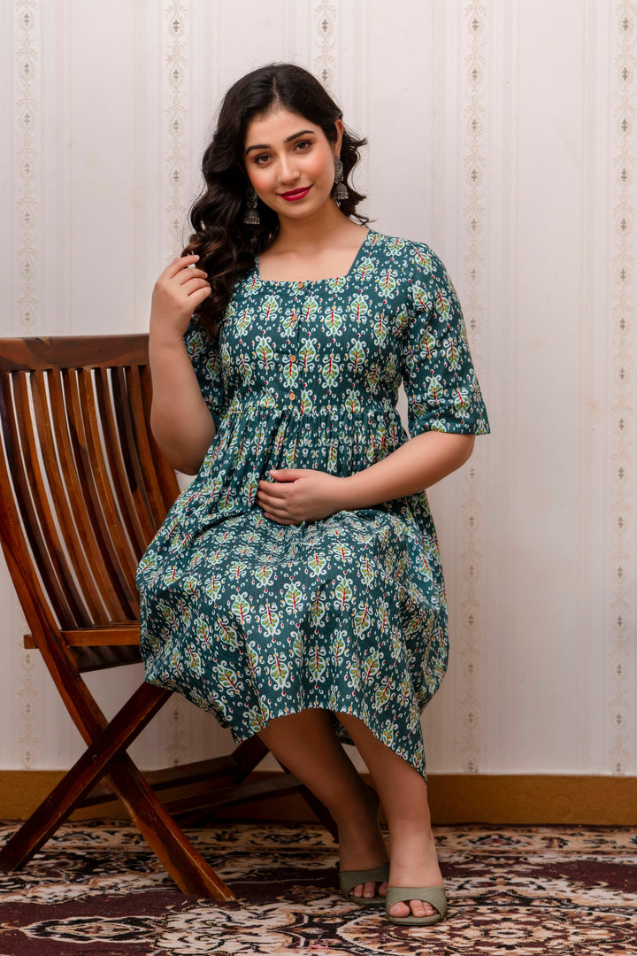 Green Cotton Ethnic Motif Print Maternity Dress