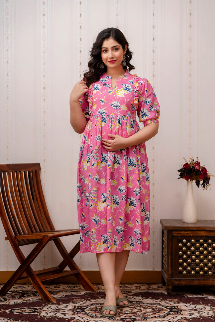 Pink Cotton Printed Maternity Dress with Cute Yoke Ruffles