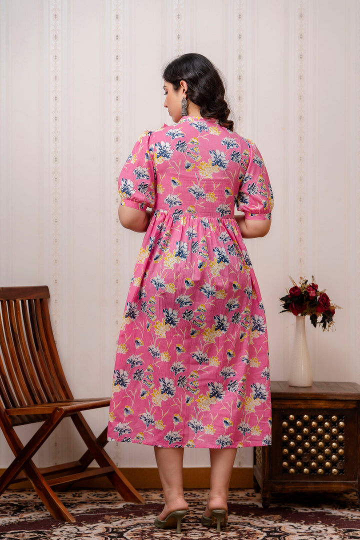 Pink Cotton Printed Maternity Dress with Cute Yoke Ruffles