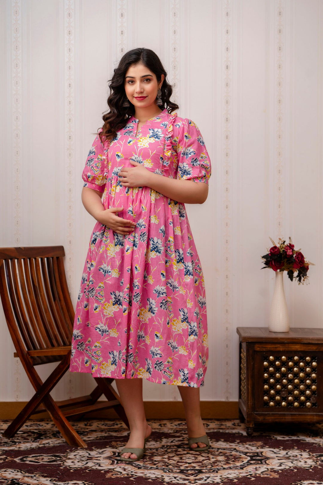 Pink Cotton Printed Maternity Dress with Cute Yoke Ruffles