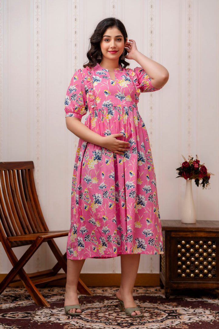 Pink Cotton Printed Maternity Dress with Cute Yoke Ruffles