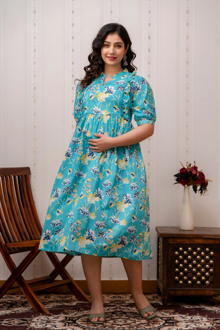 Teal Cotton Printed Maternity Dress with Cute Yoke Ruffles