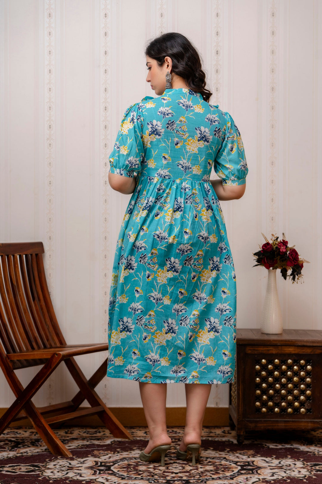 Teal Cotton Printed Maternity Dress with Cute Yoke Ruffles