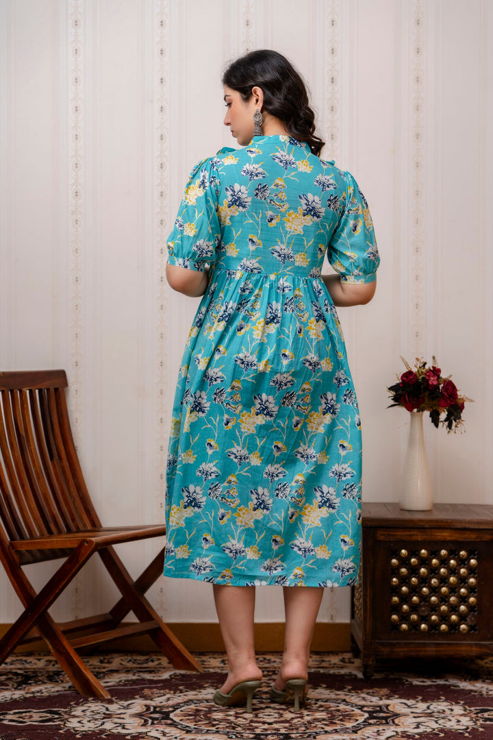 Teal Cotton Printed Maternity Dress with Cute Yoke Ruffles