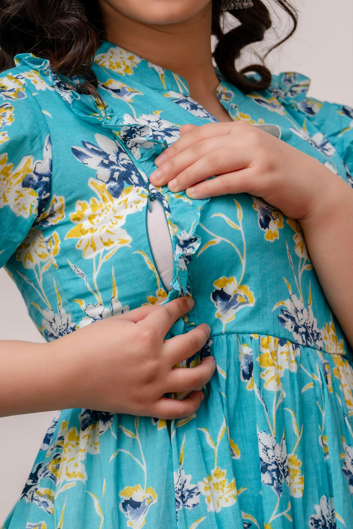 Teal Cotton Printed Maternity Dress with Cute Yoke Ruffles