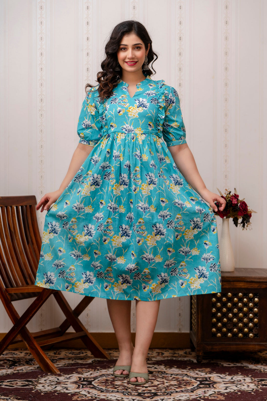 Teal Cotton Printed Maternity Dress with Cute Yoke Ruffles