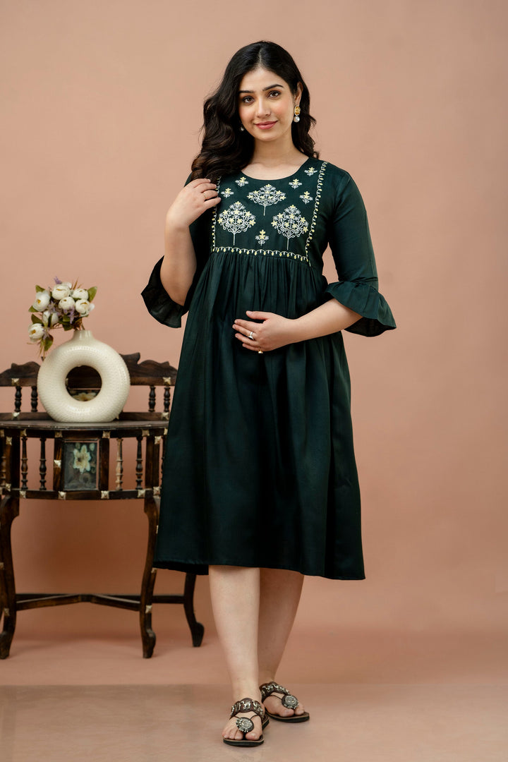 Green Cotton Blend Yoke Embroidered Maternity Dress
