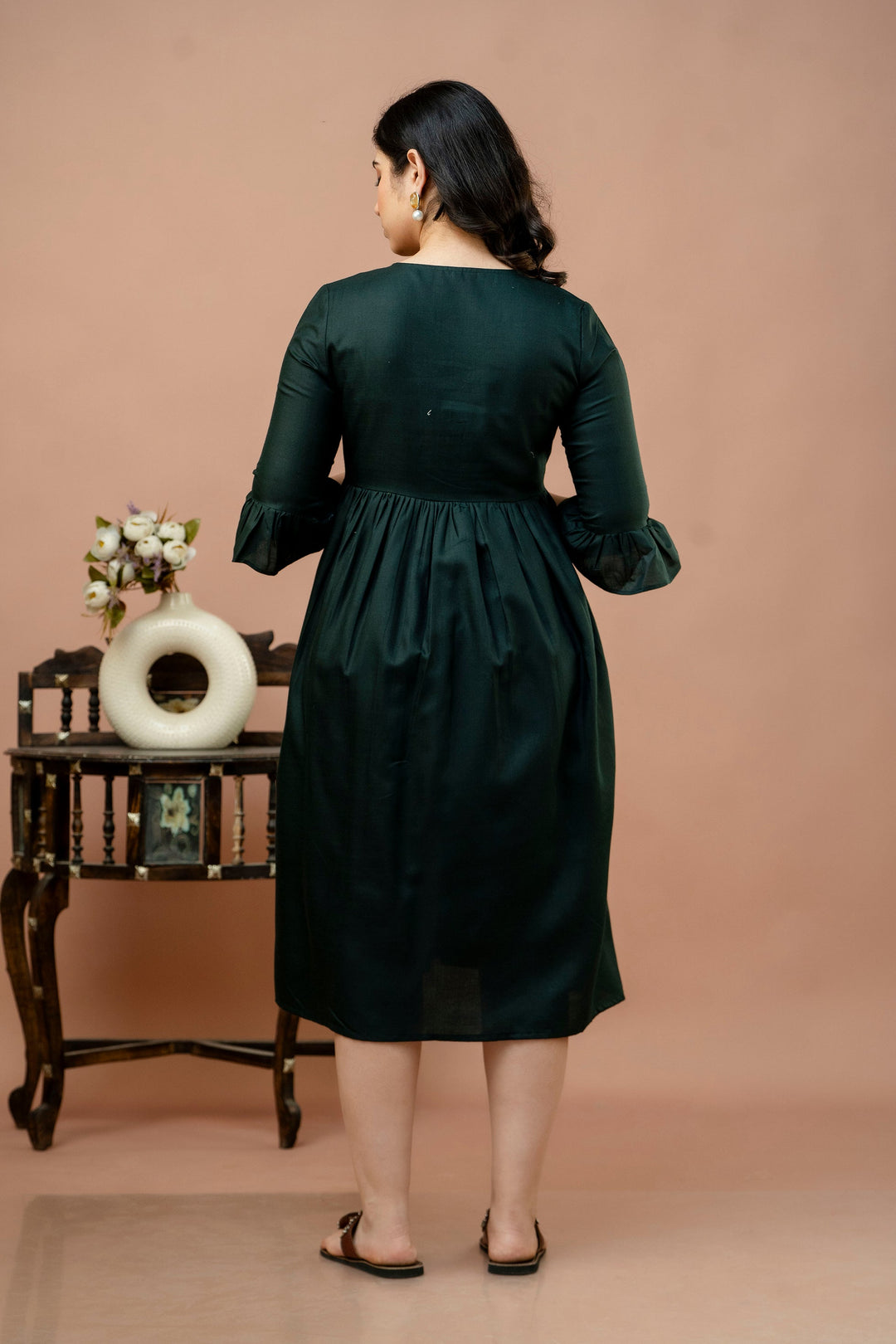 Green Cotton Blend Yoke Embroidered Maternity Dress
