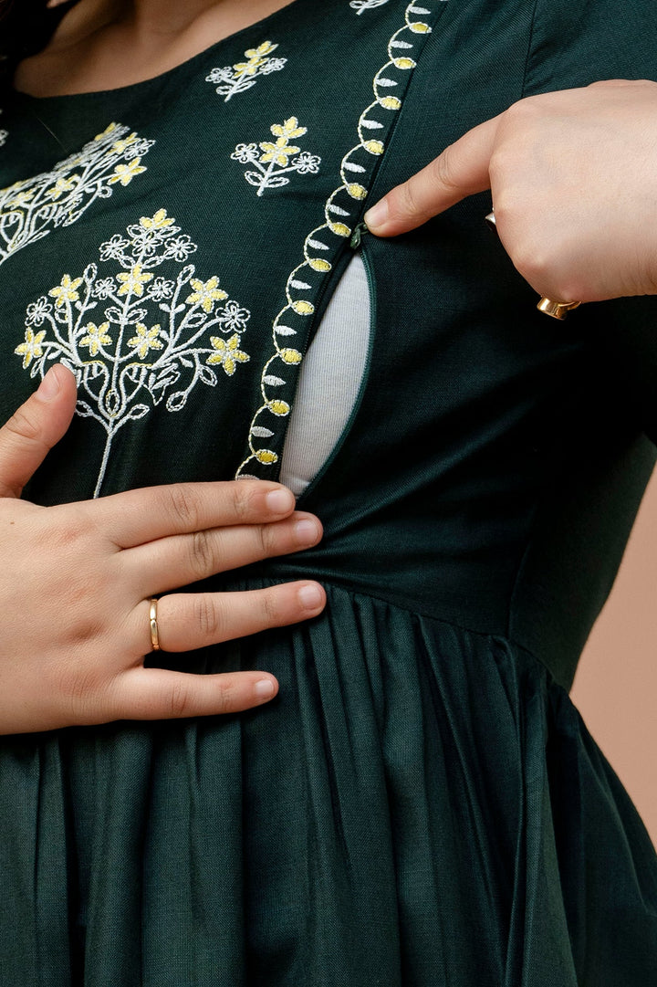 Green Cotton Blend Yoke Embroidered Maternity Dress