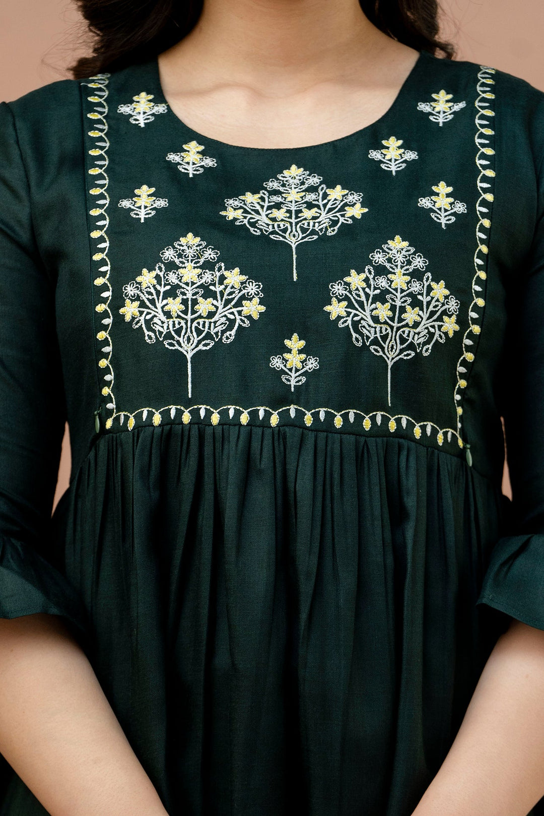 Green Cotton Blend Yoke Embroidered Maternity Dress