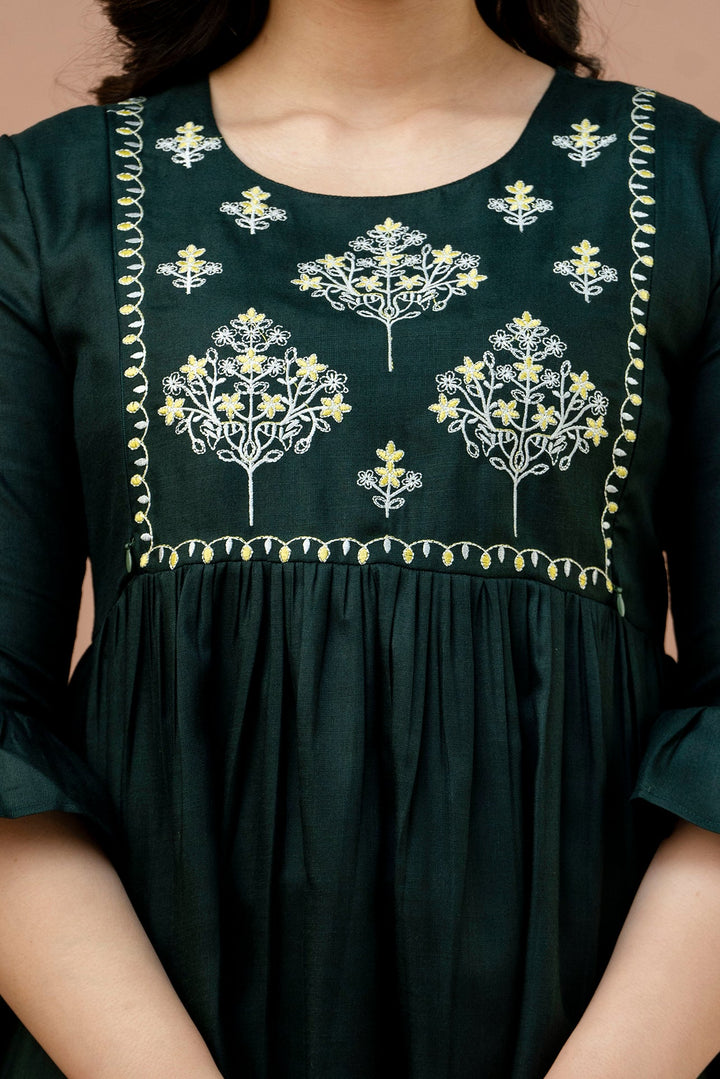 Green Cotton Blend Yoke Embroidered Maternity Dress