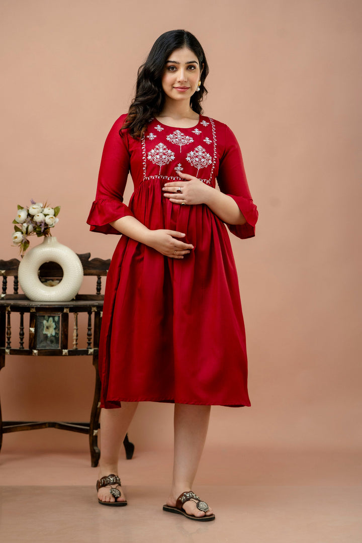 Maroon Cotton Blend Yoke Embroidered Maternity Dress