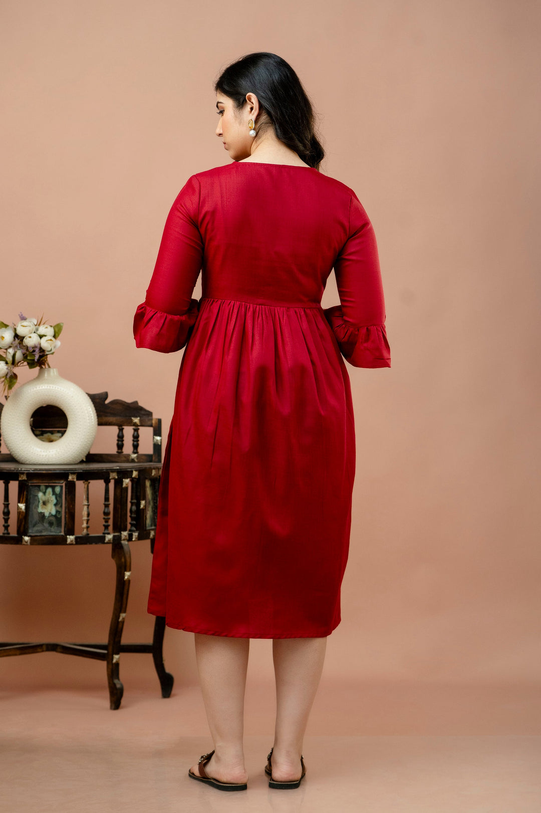 Maroon Cotton Blend Yoke Embroidered Maternity Dress