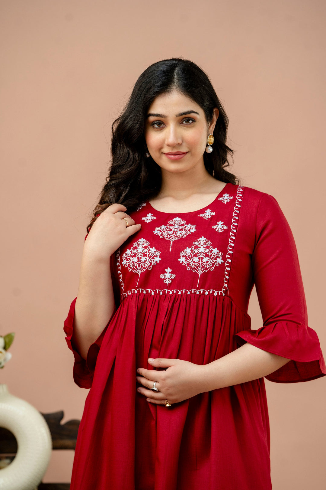 Maroon Cotton Blend Yoke Embroidered Maternity Dress