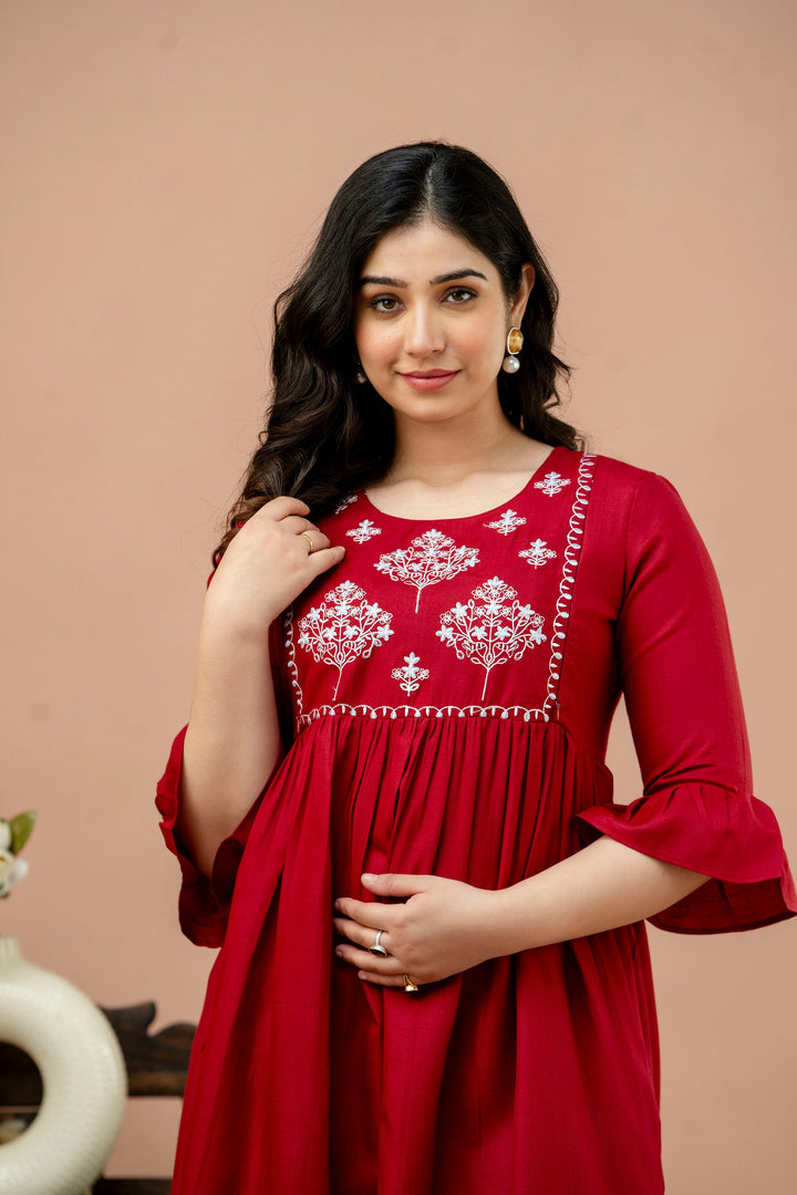 Maroon Cotton Blend Yoke Embroidered Maternity Dress