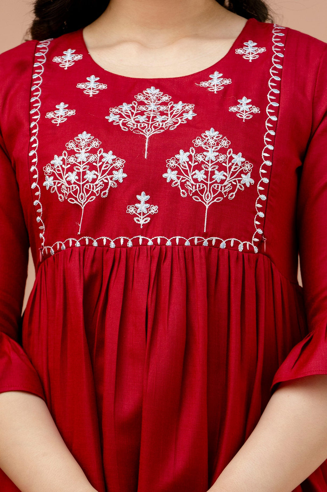 Maroon Cotton Blend Yoke Embroidered Maternity Dress