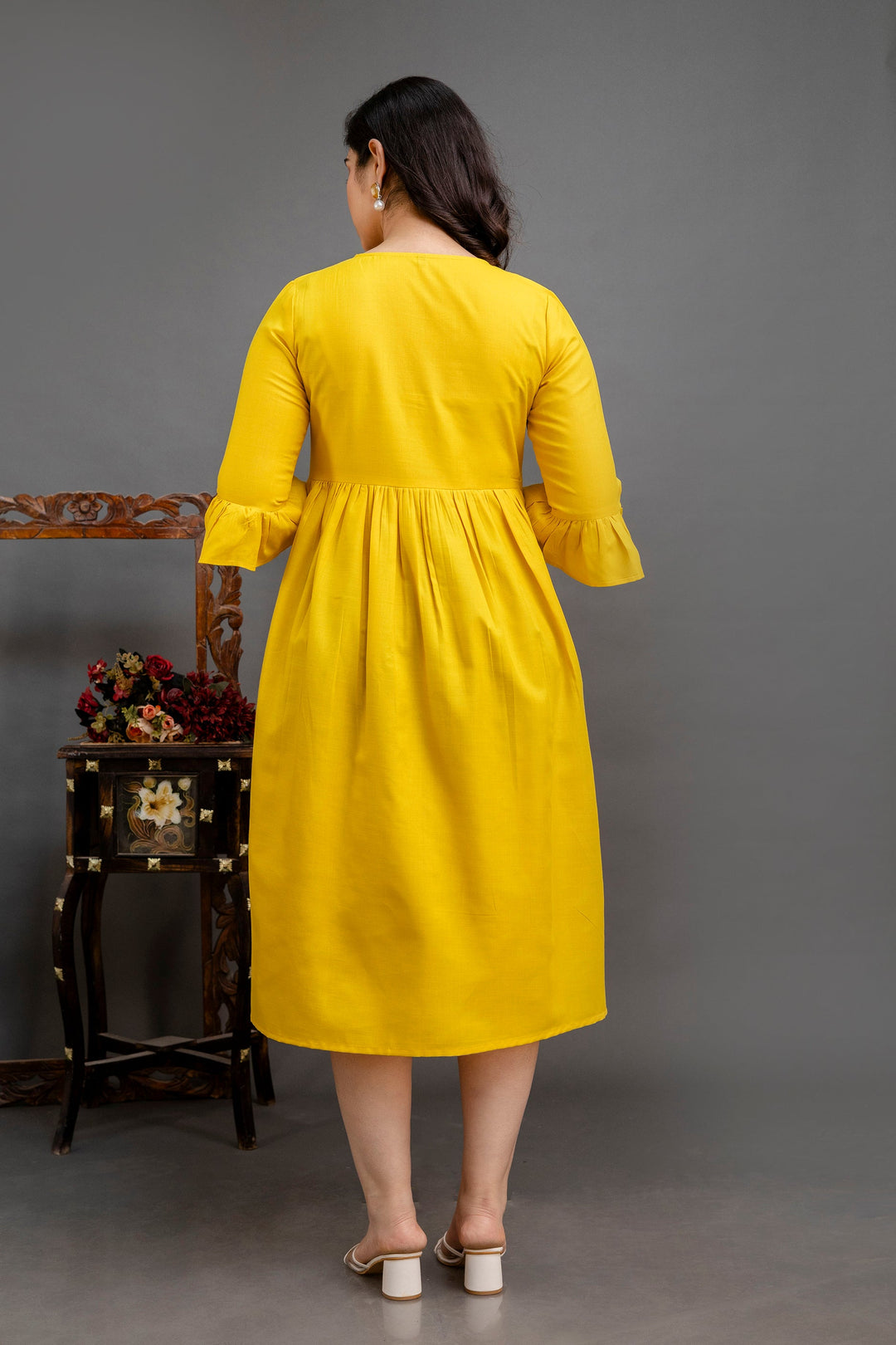 Yellow Cotton Blend Yoke Embroidered Maternity Dress