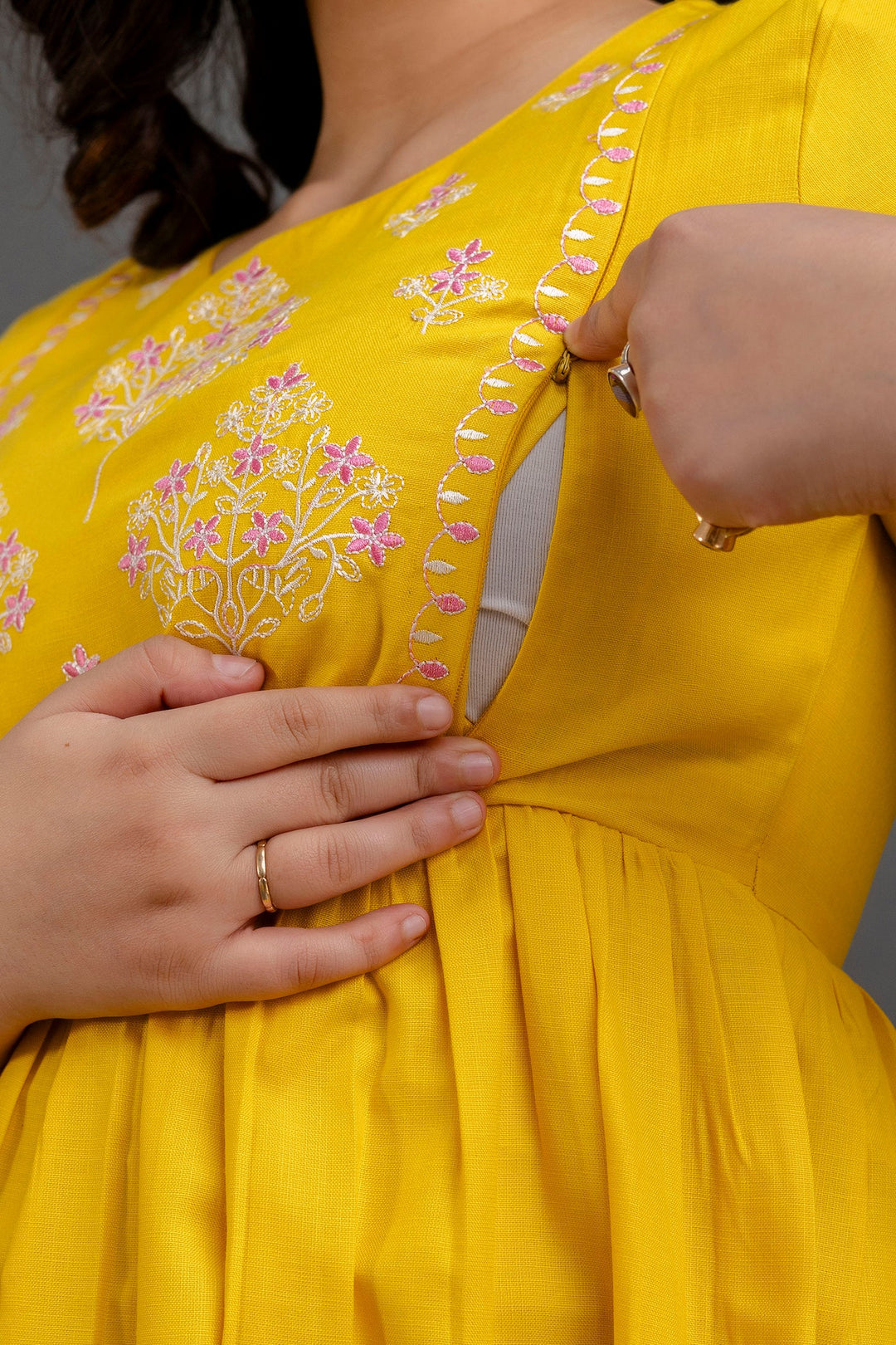 Yellow Cotton Blend Yoke Embroidered Maternity Dress