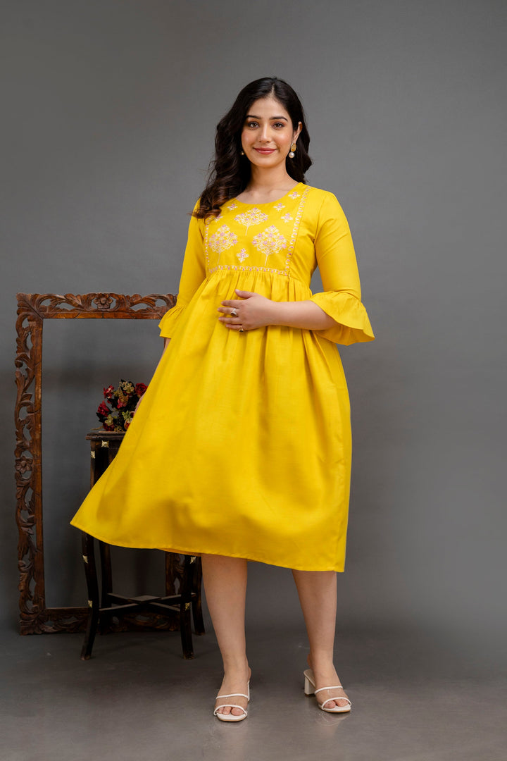 Yellow Cotton Blend Yoke Embroidered Maternity Dress