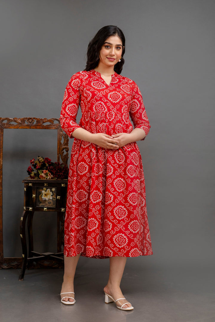 Red Rayon Bandhini Printed Maternity Dress