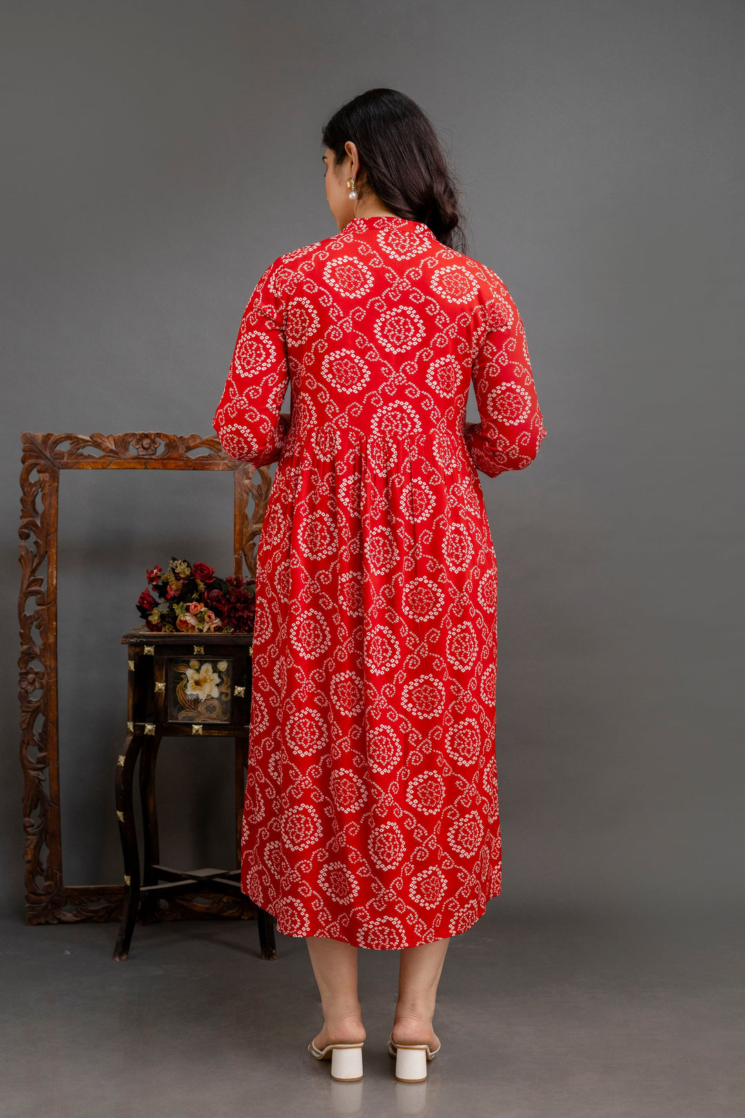 Red Rayon Bandhini Printed Maternity Dress