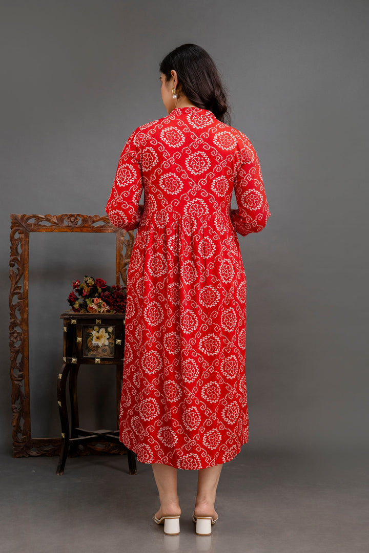 Red Rayon Bandhini Printed Maternity Dress