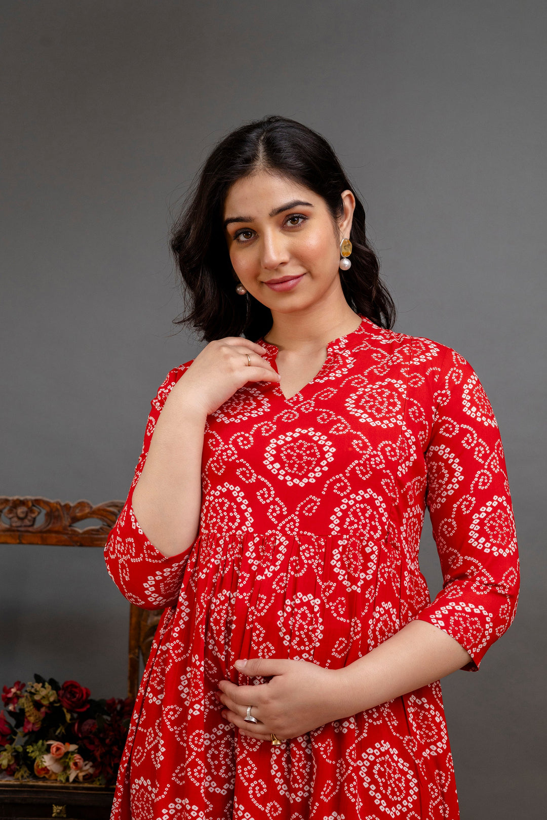 Red Rayon Bandhini Printed Maternity Dress