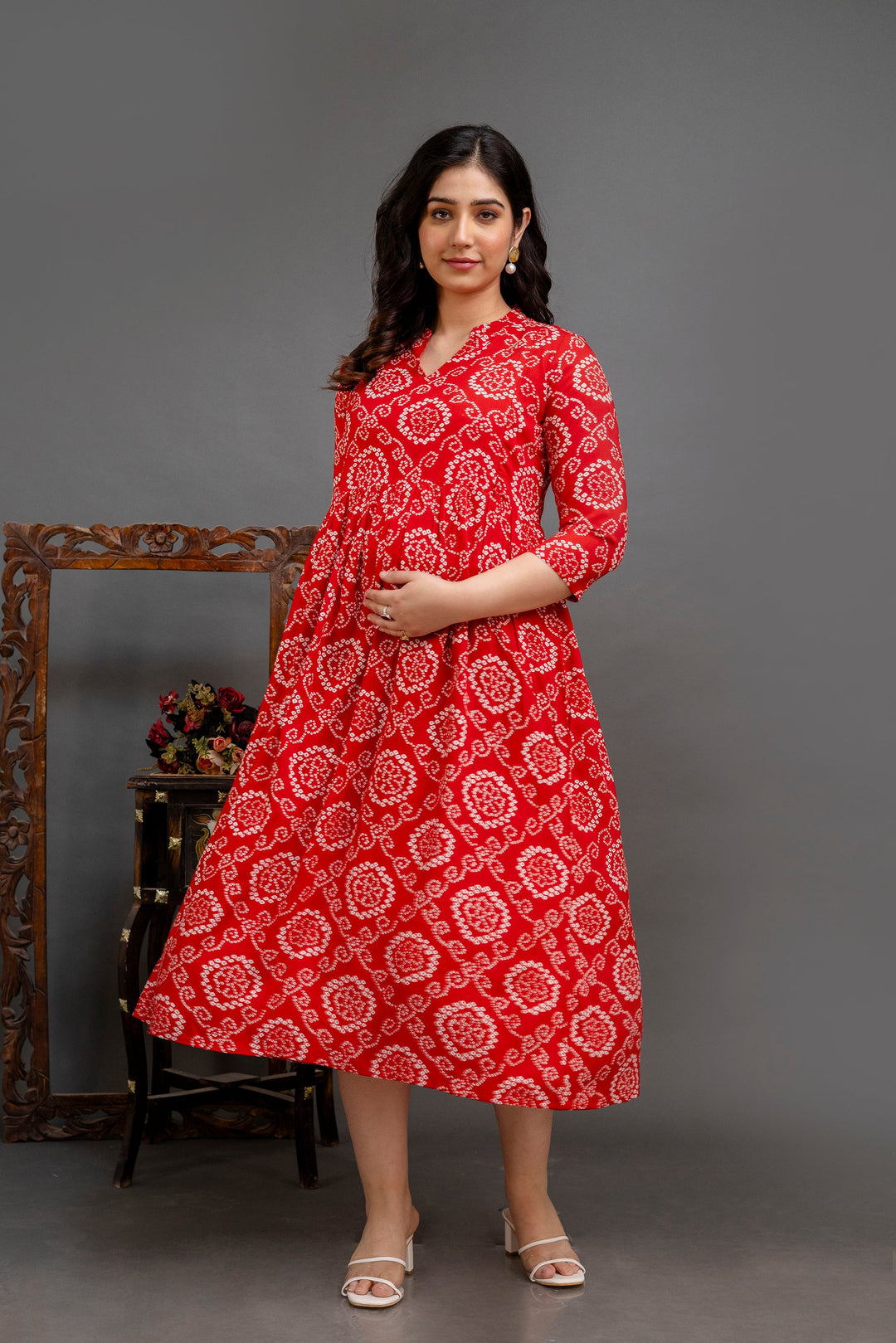 Red Rayon Bandhini Printed Maternity Dress
