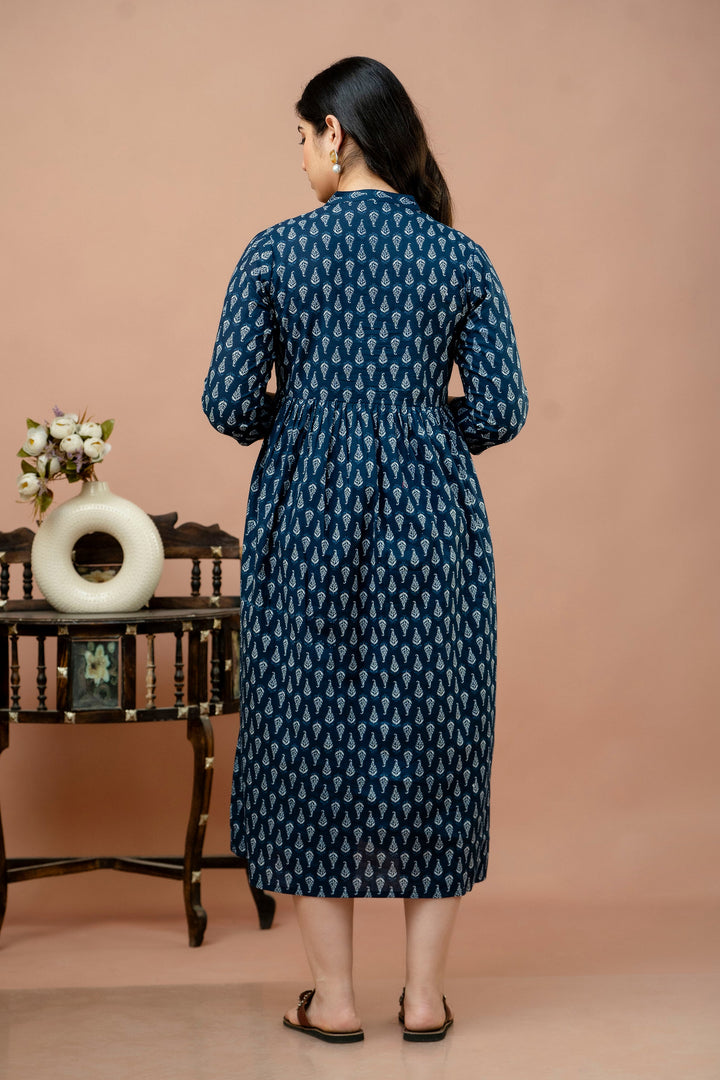 Blue Pure Cotton Leaf Printed Maternity Dress
