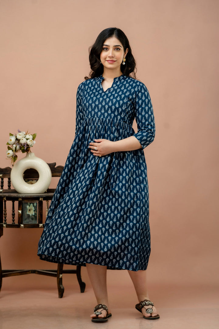 Blue Pure Cotton Leaf Printed Maternity Dress