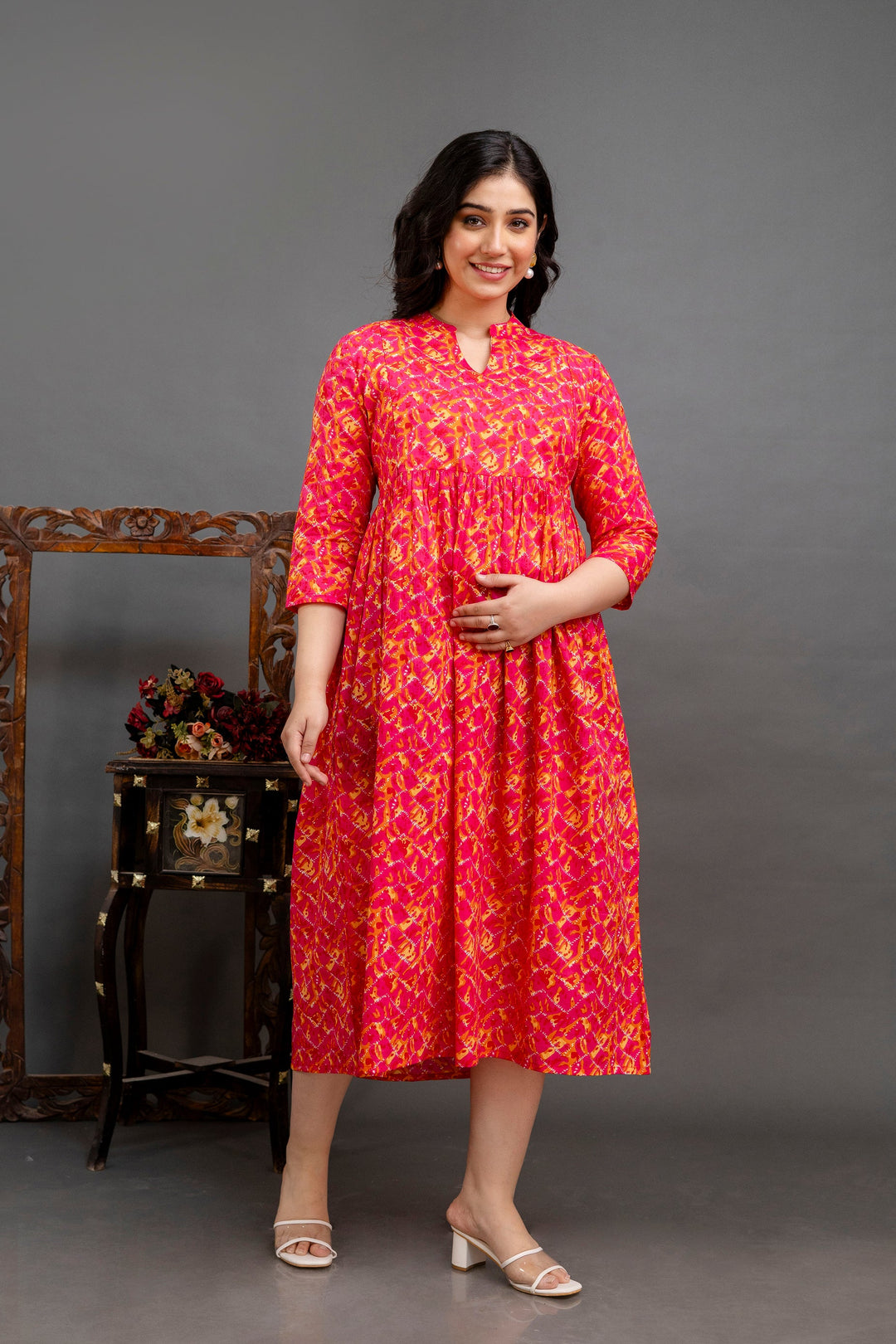 Fuchsia Pink Pure Cotton Abstract Print Maternity Dress