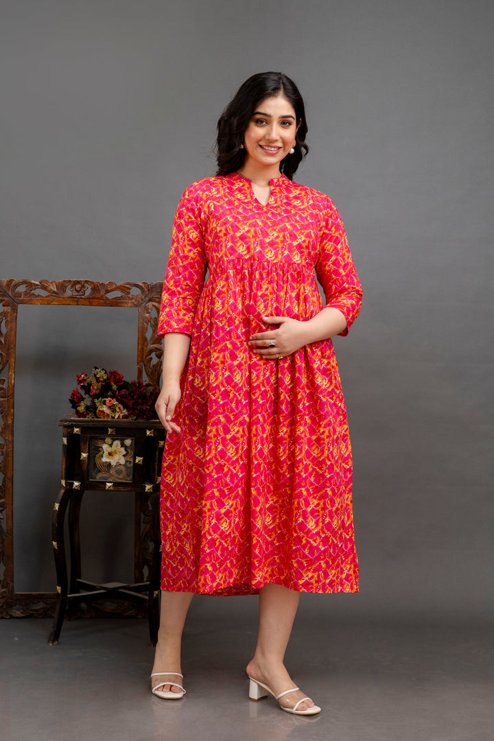 Fuchsia Pink Pure Cotton Abstract Print Maternity Dress