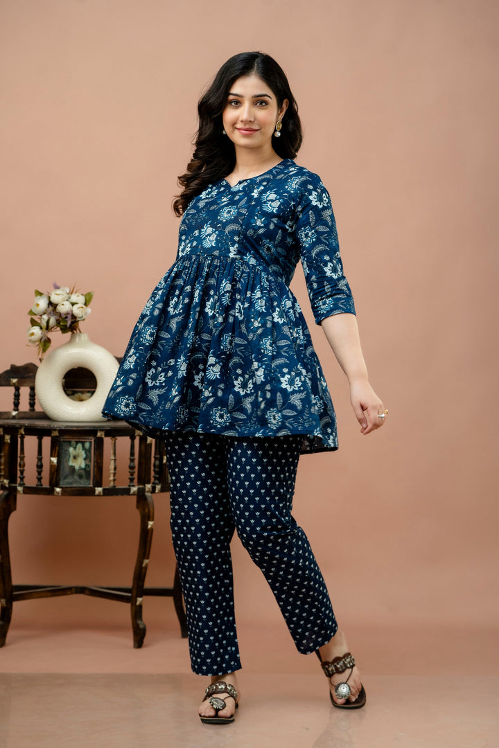 Indigo Cotton Bagru Print Peplum Co-Ord Set