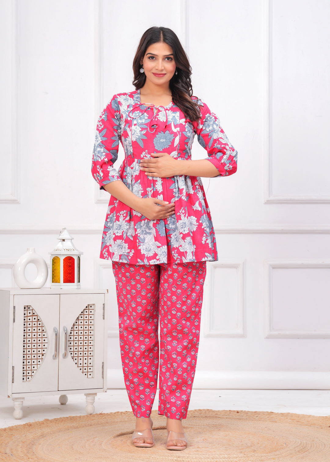 Pink & White Cotton Floral Print Maternity Co-Ord Set