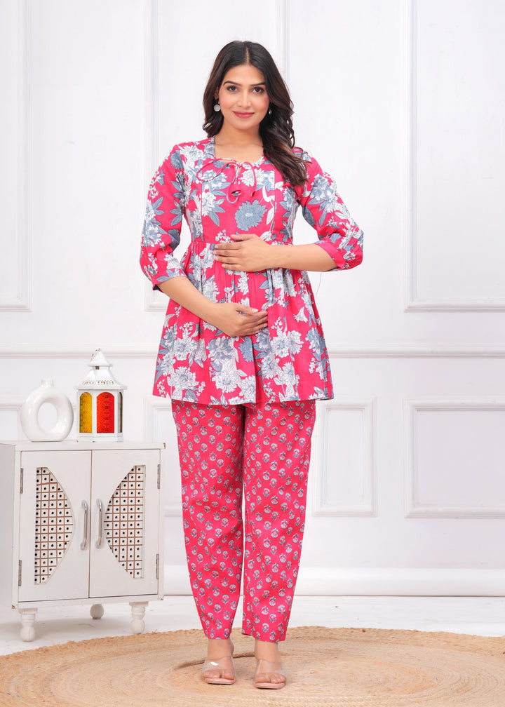 Pink & White Cotton Floral Print Maternity Co-Ord Set