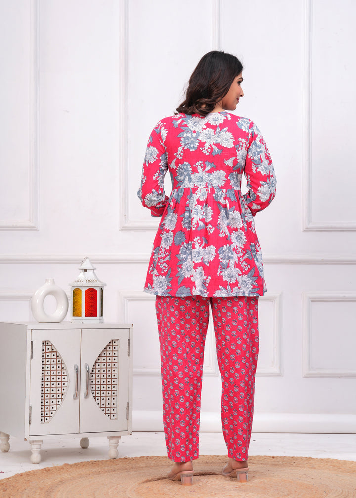 Pink & White Cotton Floral Print Maternity Co-Ord Set
