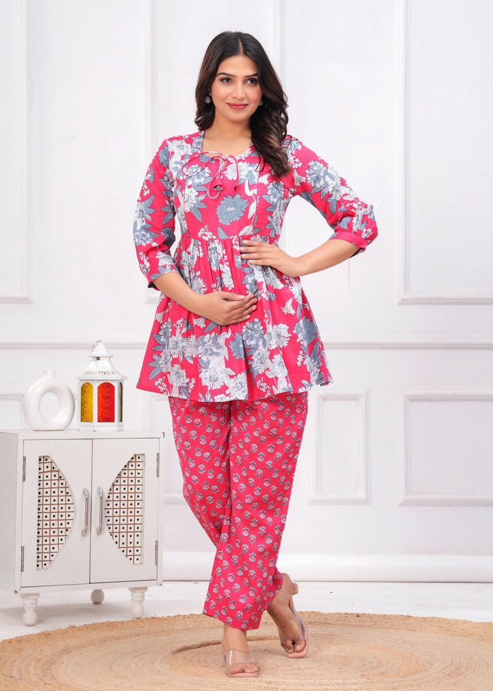 Pink & White Cotton Floral Print Maternity Co-Ord Set